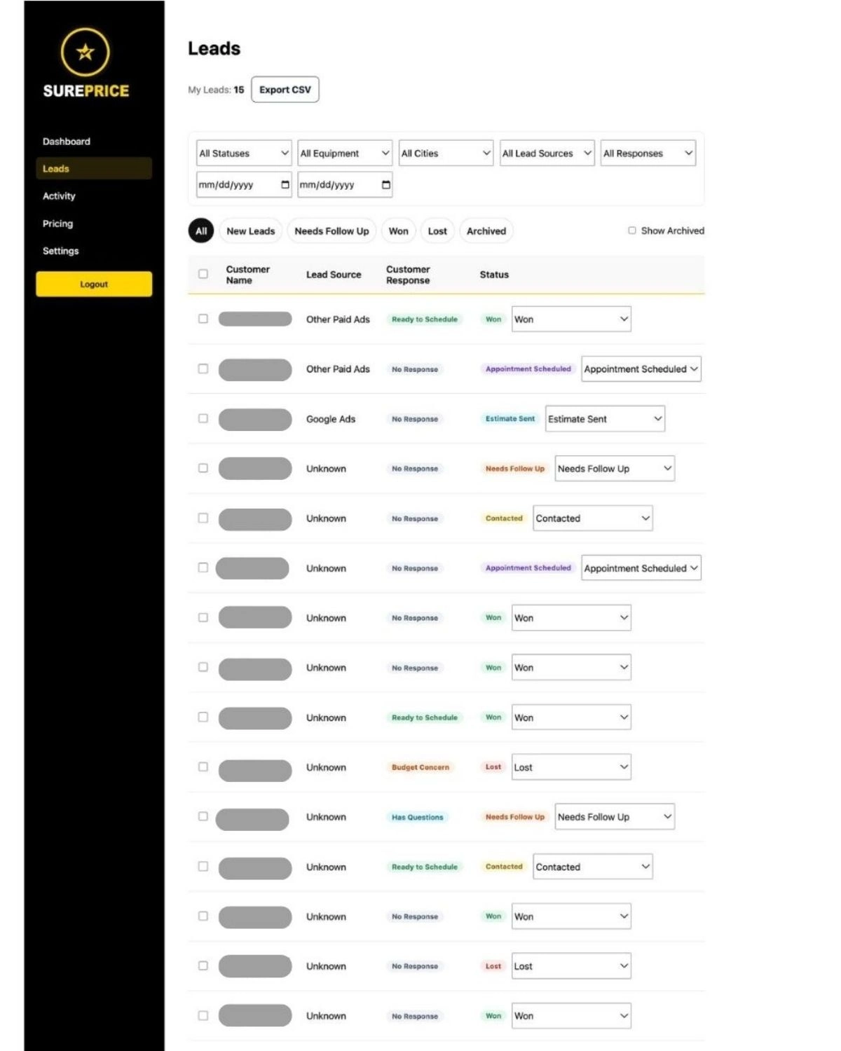 SurePrice HVAC lead management dashboard