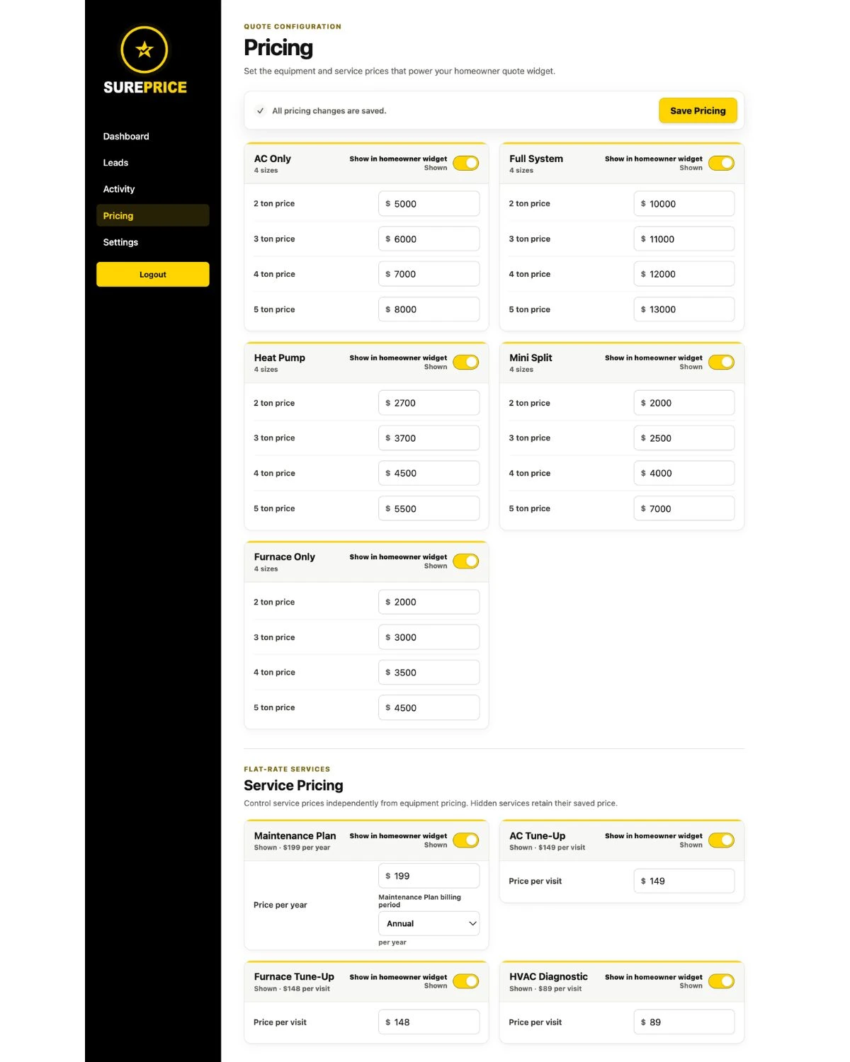 SurePrice HVAC contractor pricing configuration dashboard
