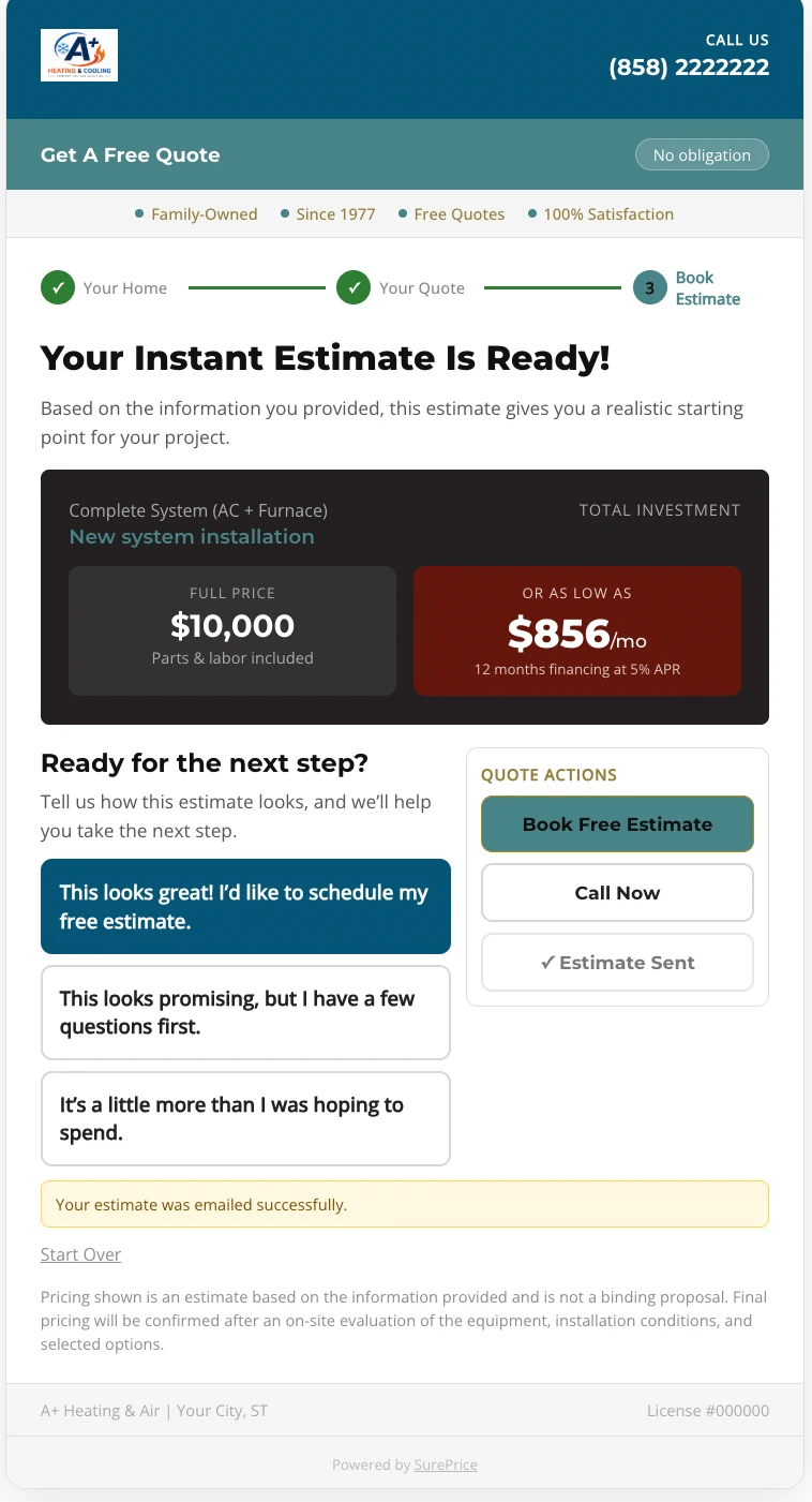 A+ Heating & Air SurePrice HVAC replacement estimate and booking options