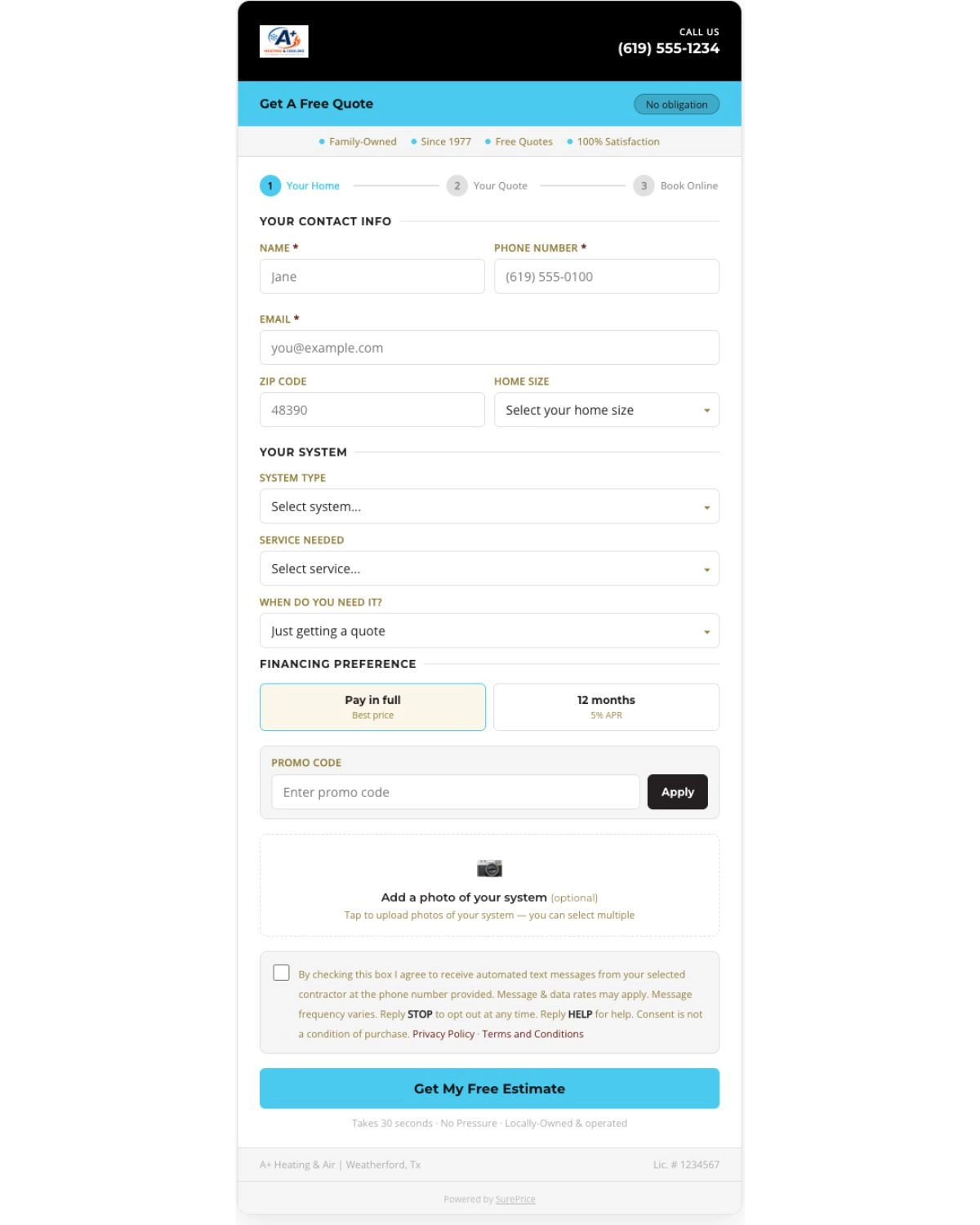 A+ Heating & Air SurePrice homeowner HVAC quote widget